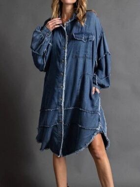 EASEL by Anthropologie Distressed Chambray Oversized Shirt Dress Raw Hems Sz L